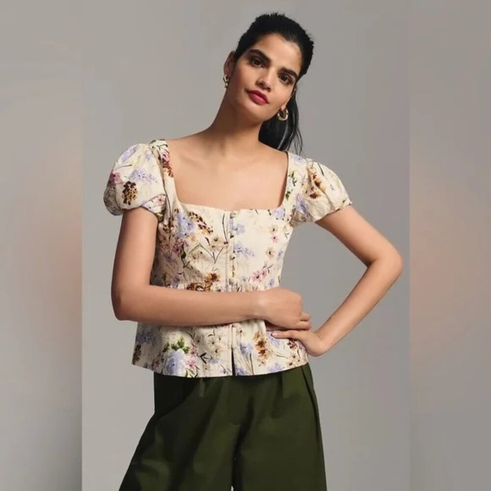 By Anthropologie Women's M Fitted Baby Doll Top Square Neck Cream Multi Floral